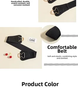 Detail of black elastic waist belt with elegant gold metal hook buckle for dresses
