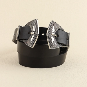 Ceinture vintage en cuir noir avec double boucle argentée et gravures rétro