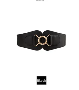 Close-up of black wide waist belt featuring a polished gold metal circular buckle detail