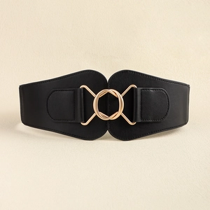 Close-up of black wide elastic waist belt with interlocking gold double ring metal buckle