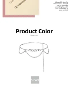 Macro detail of adjustable silver multi-layer metal waist chain with lobster clasp for women
