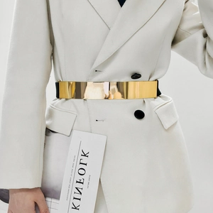 Polished gold wide metal belt with black elastic band for women fashion layering