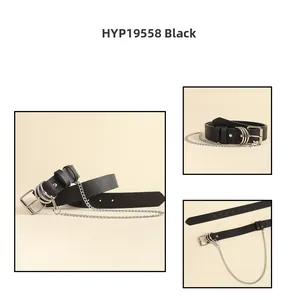 Detail view of black leather belt with silver buckle and detachable metal punk chain