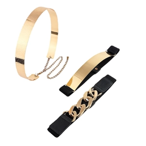 Three-piece women's set with gold metal waist chain, sequin belt, and thick link buckle