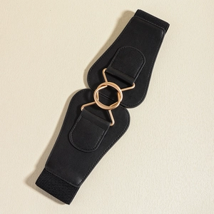 Women's black elastic wide waist belt with elegant gold-tone interlocking double ring buckle