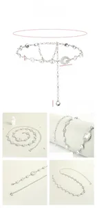 Detailed size chart for silver rhinestone waist chain with multi-layer hanging pendants