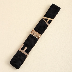 Elastic black woven waist belt for women with elegant gold FA metal buckle decoration