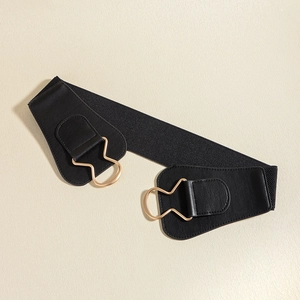 Fashionable black wide elastic waist belt for women with elegant gold interlocking buckle