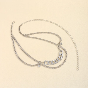 Silver multi-layer waist chain belt with flat curb links and a small lock pendant decor