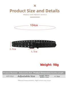 Tableau des tailles pour ceinture punk Y2K noire avec œillets métalliques et dimensions