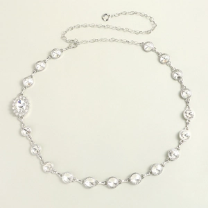 Detail of silver rhinestone waist chain with adjustable lobster clasp and crystal setting