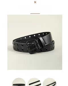 Détail d'une ceinture en cuir noir punk Y2K avec œillets doubles et boucle en métal