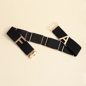 Elastic black belt with gold metal F and A letters for women jeans accessories