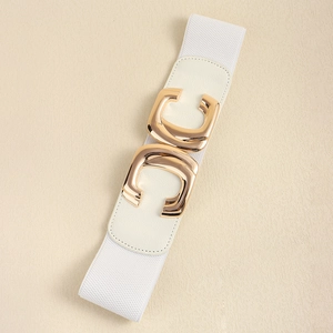 Women's wide elastic waist belt with white fabric, cream leather, and gold interlocking buckle