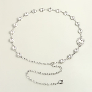 Detail of silver rhinestone waist chain with oval crystal accent and adjustable clasp