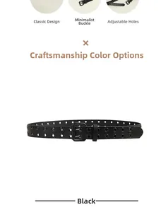Détail d'une ceinture punk noire avec double rangée d'œillets métalliques et boucle ardillon