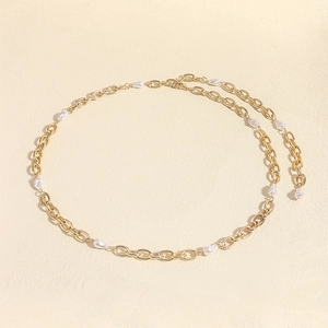 Elegant gold metal body chain with white pearls for dresses and beachwear