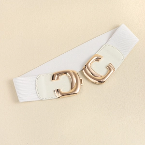 Detail of white elastic waist belt featuring a gold C-shaped buckle and leather stitching