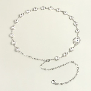 Detail of elegant silver waist chain with rhinestones and adjustable lobster clasp