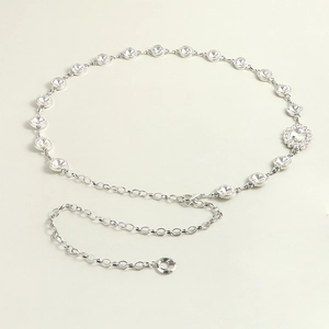 Sparkling crystal silver waist chain belt for dresses with adjustable extender and flower charm