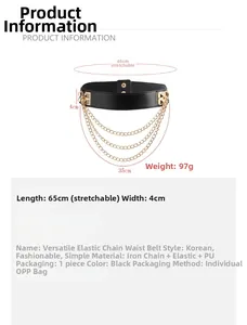 Detailed size specifications for a black elastic corset belt with gold punk chains