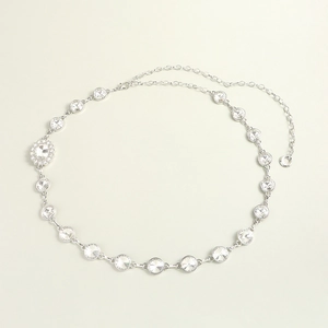 Detailed macro view of silver rhinestone chain belt with adjustable lobster clasp