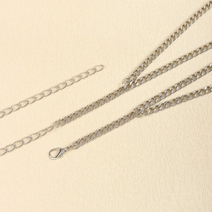 Detailed macro view of the silver curb chain belt with lobster clasp and extension