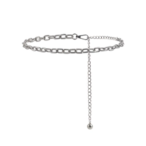 Elegant silver metal chain belt for dresses featuring a textured link design and lobster clasp
