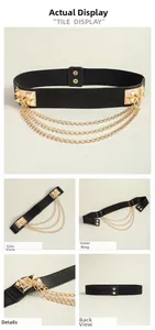 Detail showing punk style golden rivets and metal chains on a black wide elastic corset belt