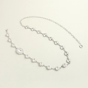 Detail of silver rhinestone waist chain with lobster clasp and adjustable extender link