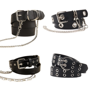 Punk Style PU Leather Belt With Metal Chain Decoration For Men Women Gothic Streetwear Double Grommet Waist Belt Accessory
