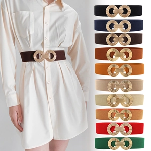 Fashion Women Elastic Waist Belt Wide Corset Belt With Alloy Geometric Interlocking Rings Metal Buckle For Dress Decor