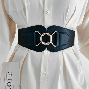 Women Fashion Wide Corset Belt Black Elastic Waist Band With Gold Alloy Buckle For Dresses Decorative Waist Cincher