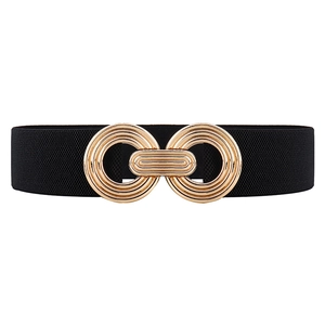 Women's black elastic wide waist belt with decorative gold geometric metal buckle closure