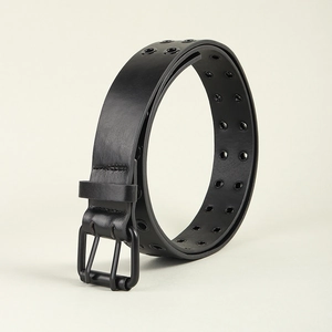 Ceinture punk Y2K en cuir noir avec boucle à double ardillon et œillets métalliques unisexe