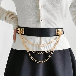 Women's Punk Gold Rivet Multi Layer Chain Corset Belt Black Elastic Faux Leather Wide Waist Belt For Fashion Dress Jewelry