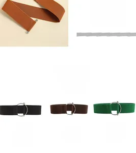 Detail of elastic waist belts in black and brown with polished silver round metal buckles