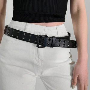 Ceinture Punk Y2K Unisexe à Double Œillet Femmes Hommes Cuir PU Noir Hip Hop Streetwear avec Boucle à Double Ardon