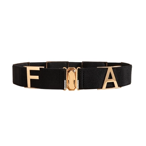 Elastic waist belt for women with large gold FA metal buckle on white background