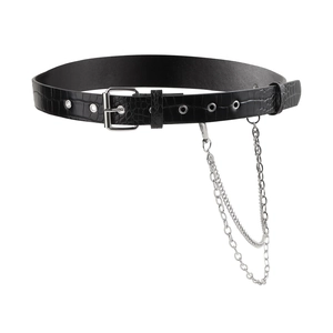 Cintura punk in pelle nera trama coccodrillo con doppie catene metalliche argento