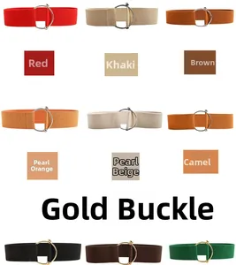 Detailed display of elastic women's waist belts in multiple colors with metallic buckles