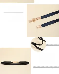 Detail of slim black elastic belt for women featuring a gold Chinese knot alloy buckle