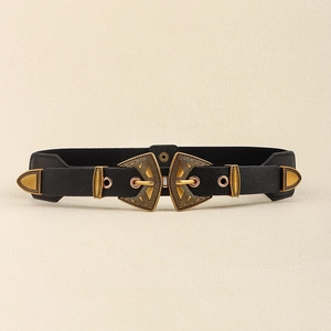 Détail de ceinture élastique vintage avec double boucle en bronze et gravures d'art