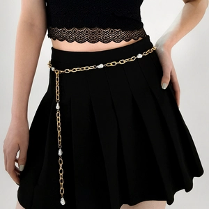 Elegant Golden Metal Chain Belt Women Artificial Baroque Pearl Waist Chain Adjustable Dress Accessory Vintage Korean Style Jewelry