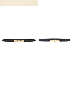 Women's elastic waist belts in black and blue with gold hollow petal buckle accents