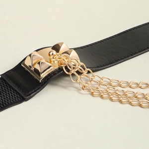 Punk style elastic waist belt for women with gold pyramid studs and triple chain tassels