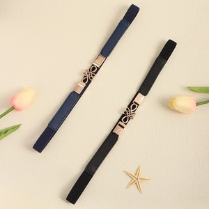 Women's slim elastic belt with gold Chinese knot buckle in black and navy blue