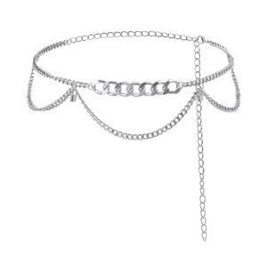 Multi-layer silver metal chain belt with padlock pendant for dresses and suits