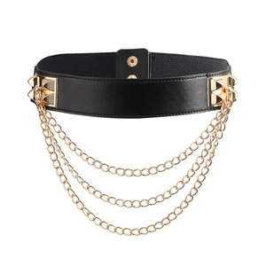 Punk black elastic waist belt with gold pyramid studs and triple metal chains decoration