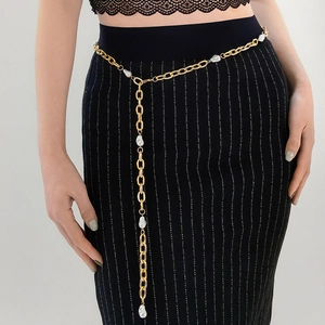 Damen Eleganter Gold Metallkette Taillengürtel Mit Weißen Barocken Kunstperlen Körper Schmuck Für Sommer Strand Party Kleid Zubehör